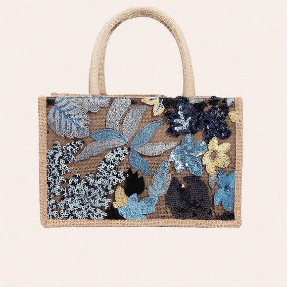 Boho Sequin Embroidered Burlap Medium Size Tote Bag - Picture 10 of 11